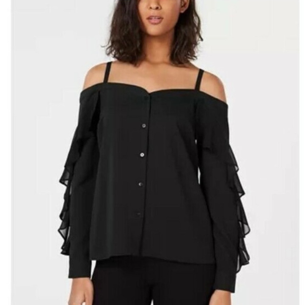 Bar III Women's Off The Shoulder Ruffle Trim Button Down Blouse Black Size M